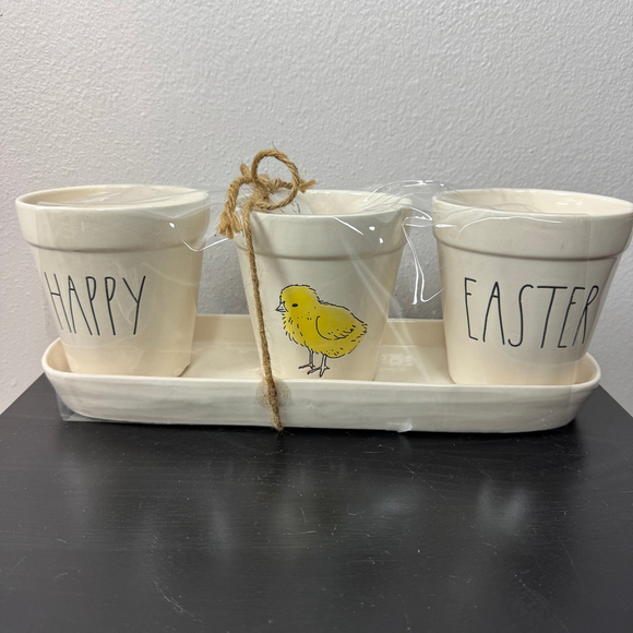 Rae Dunn Other - Rae Dunn Planter Set of Three Plant Pots on Tray Cream w/ Easter & Chick Retired